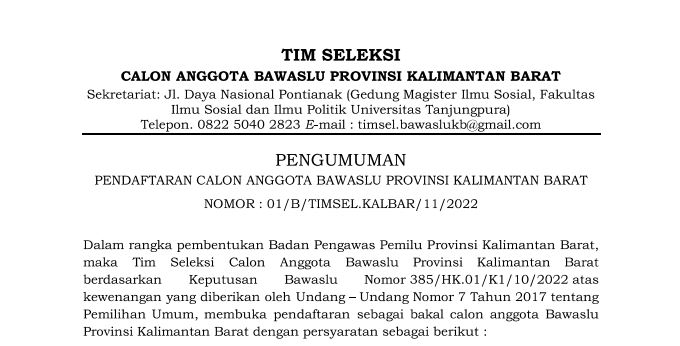 PENGUMUMAN PENDAFTARAN CALON ANGGOTA BAWASLU PROVINSI KALIMANTAN BARAT