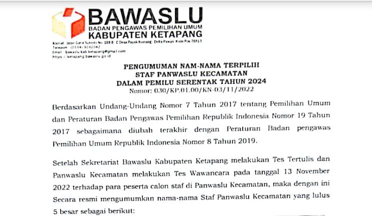 PENGUMUMAN STAF PANWASLU KECAMATAN SE-KABUPATEN KETAPANG