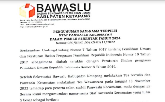 PENGUMUMAN STAF PANWASLU KECAMATAN SE-KABUPATEN KETAPANG